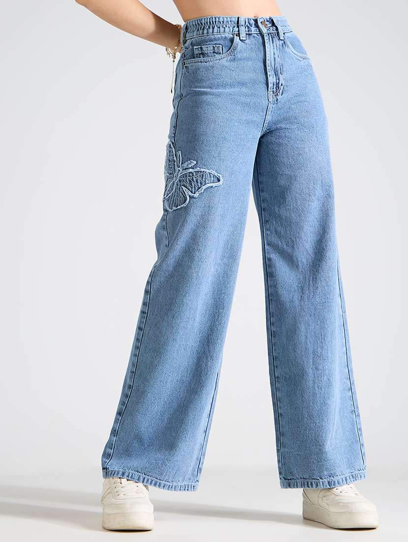 Women Solid High Rise Wide Leg Jean