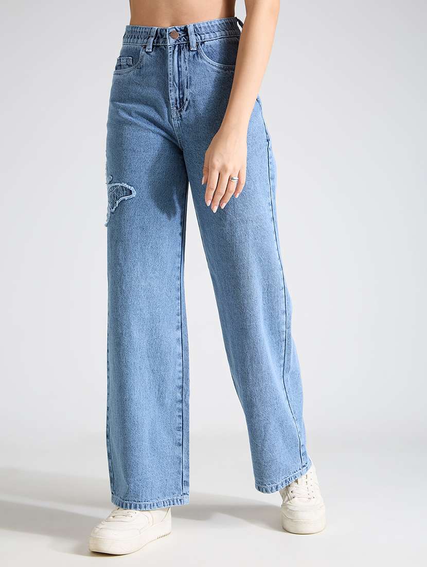 Women Solid High Rise Wide Leg Jean