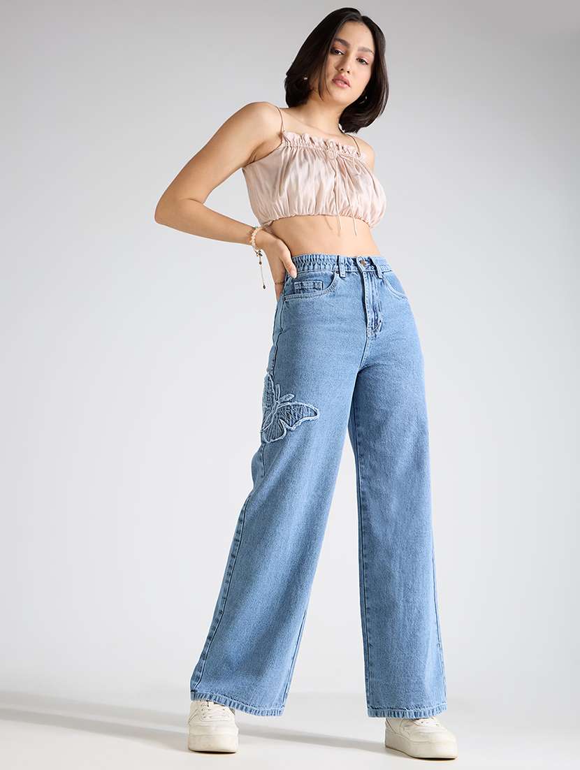 Women Solid High Rise Wide Leg Jean