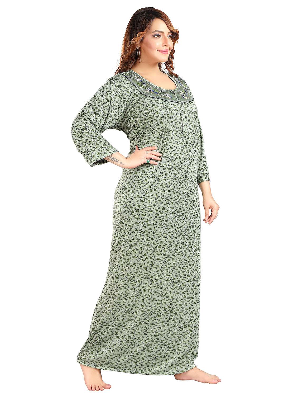 women printed three quarter sleeve nighty - 22002532 -  Standard Image - 2