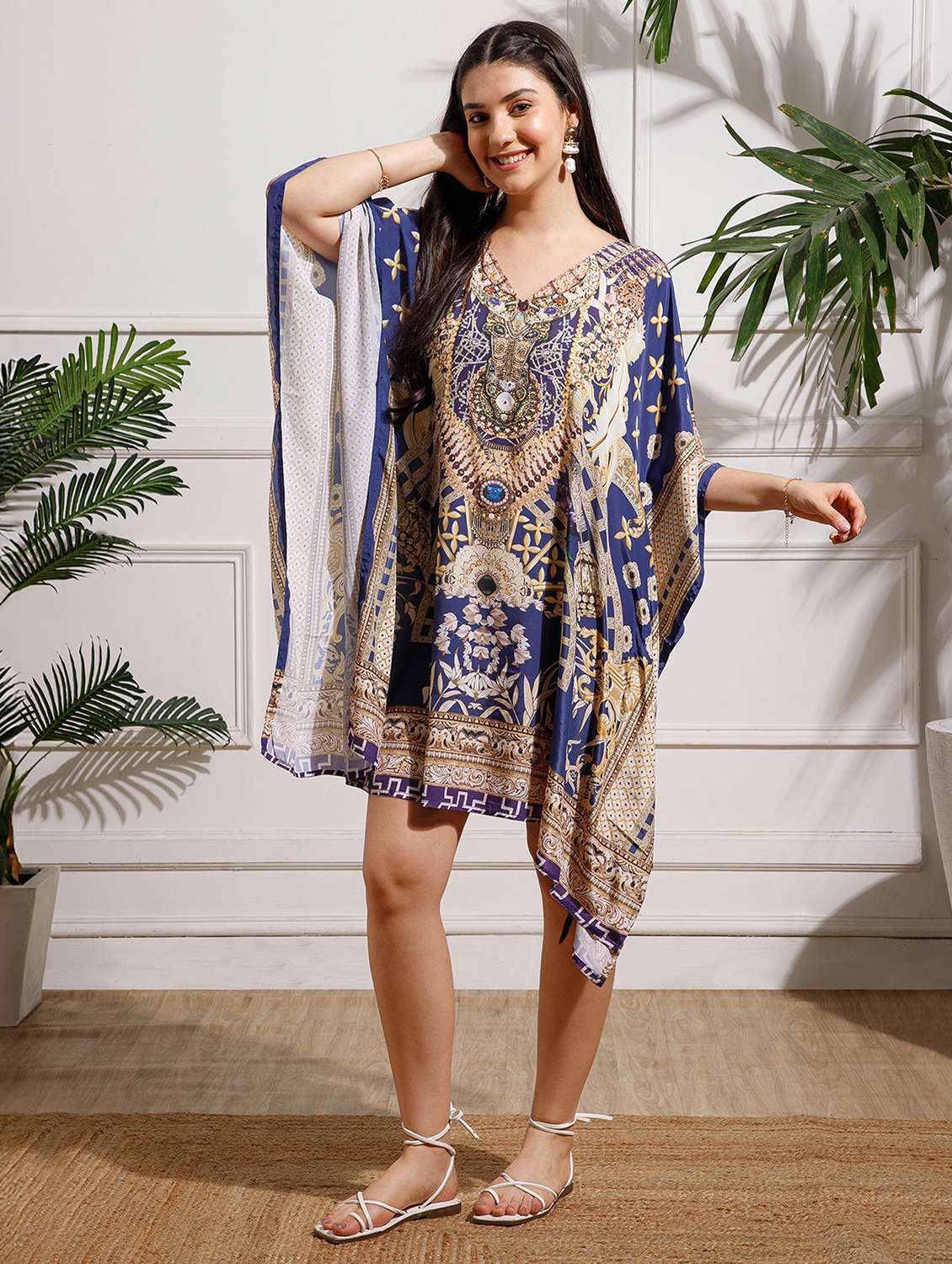 women printed kimono sleeve kaftan dress