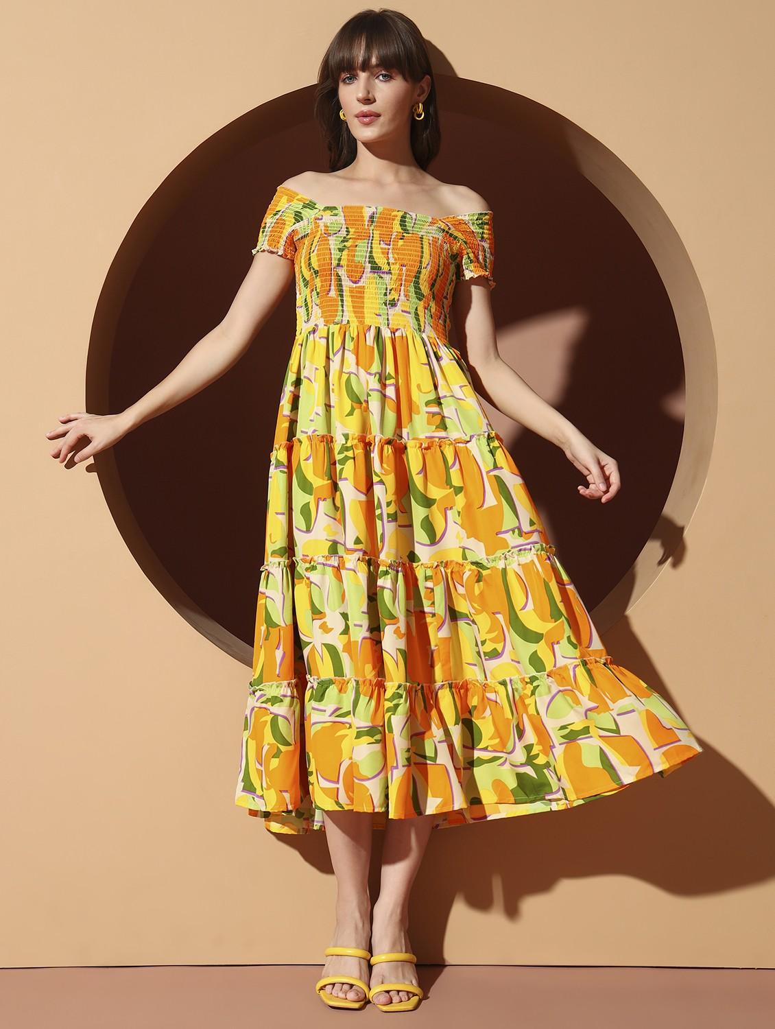 women printed off shoulder tiered dress - 22002667 - Standard Image - 2