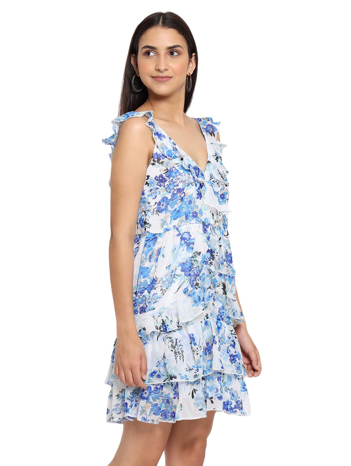 women blue floral printed sleeveless tiered dress - 22002943 - Standard Image - 2