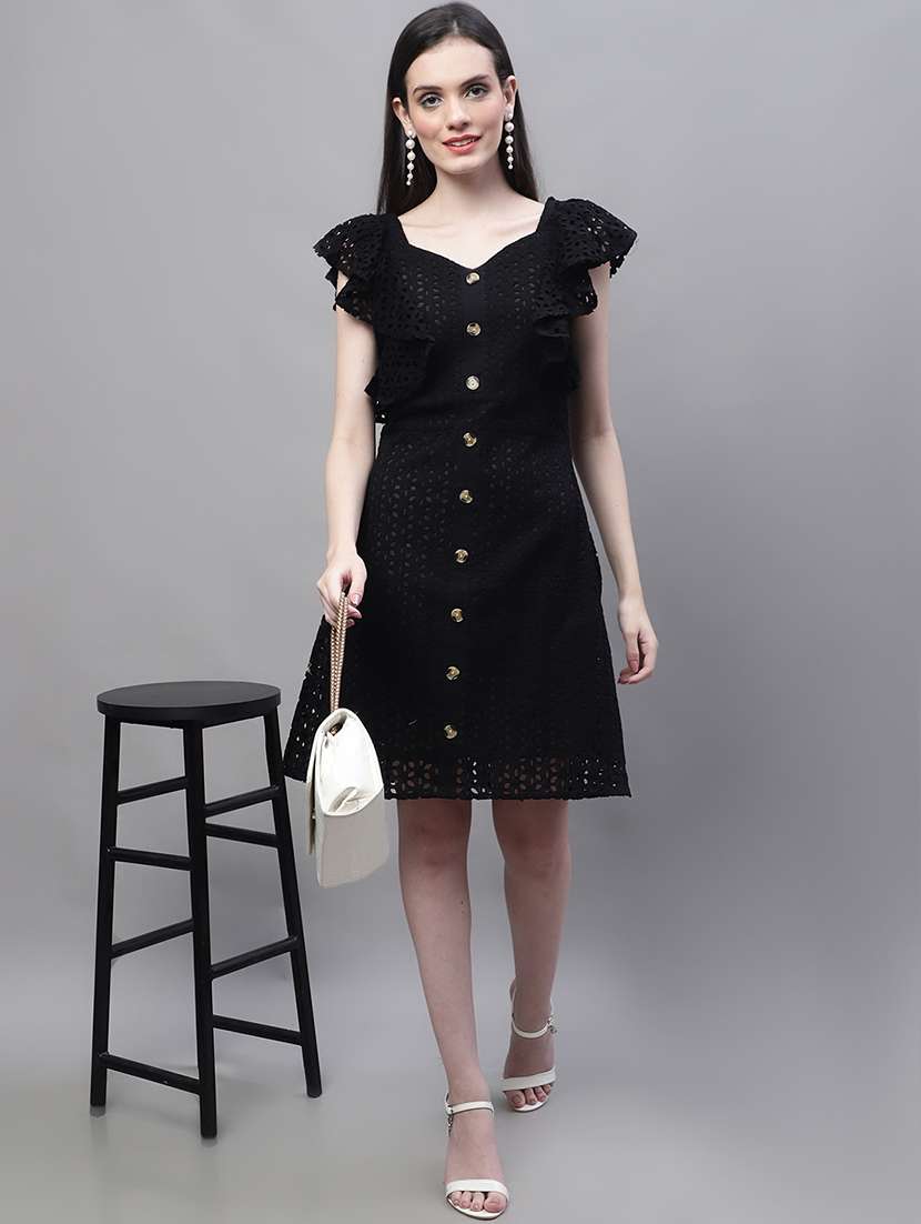 women self design sweetheart neck a-line schiffli dress