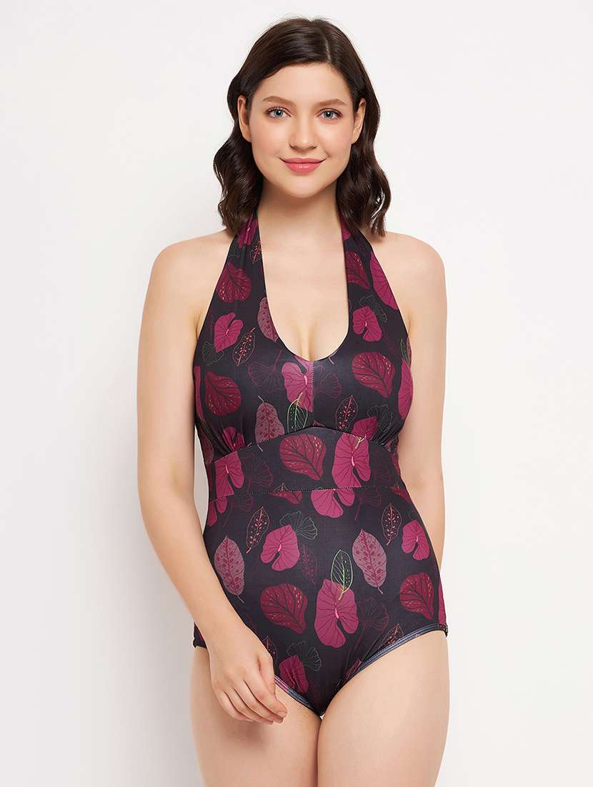 printed black floral polyester monokini