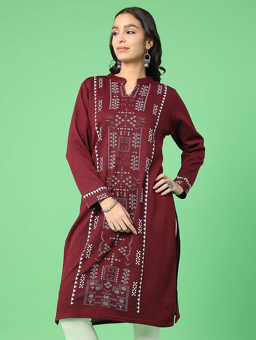 women self designed long sleeve woolen kurta