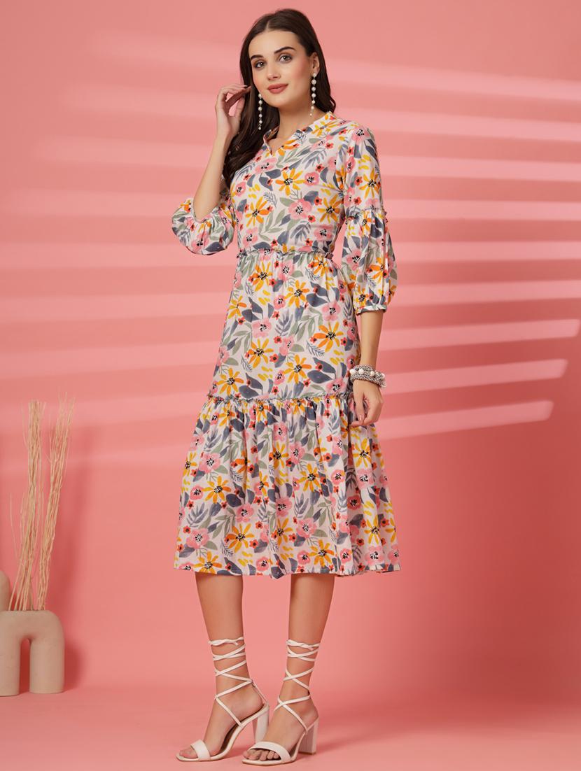 women floral printed three quarter sleeve tiered dress - 22003635 - Standard Image - 2