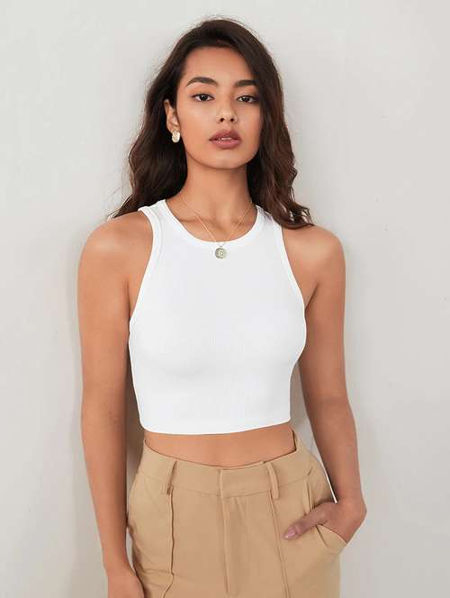 women solid sleeveless tank crop top - 22003654 - Standard Image - 0