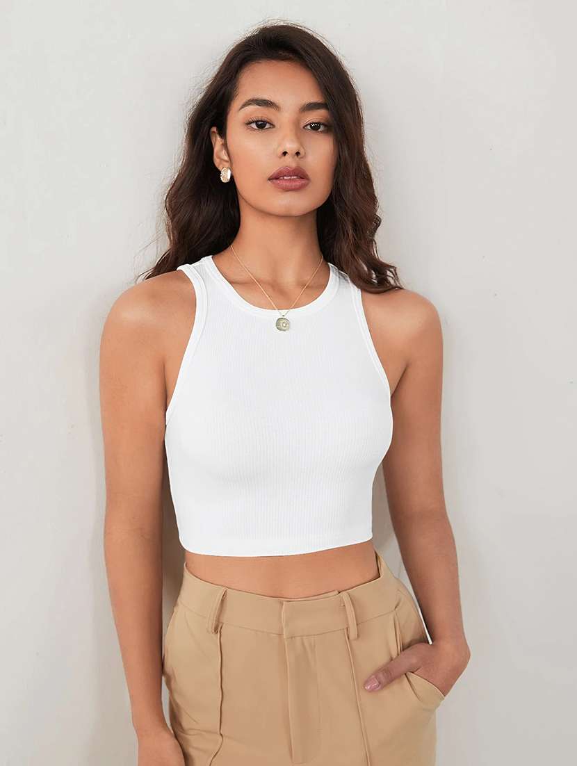women solid sleeveless tank crop top - 22003654 - Zoom Image - 0