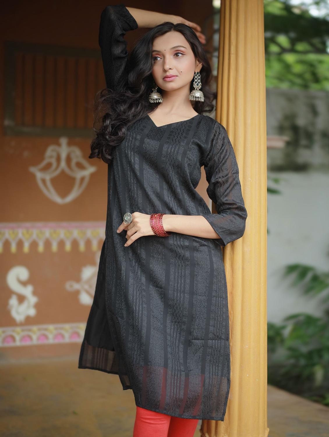 women self design three quarter sleeve straight kurta - 22003721 - Standard Image - 2