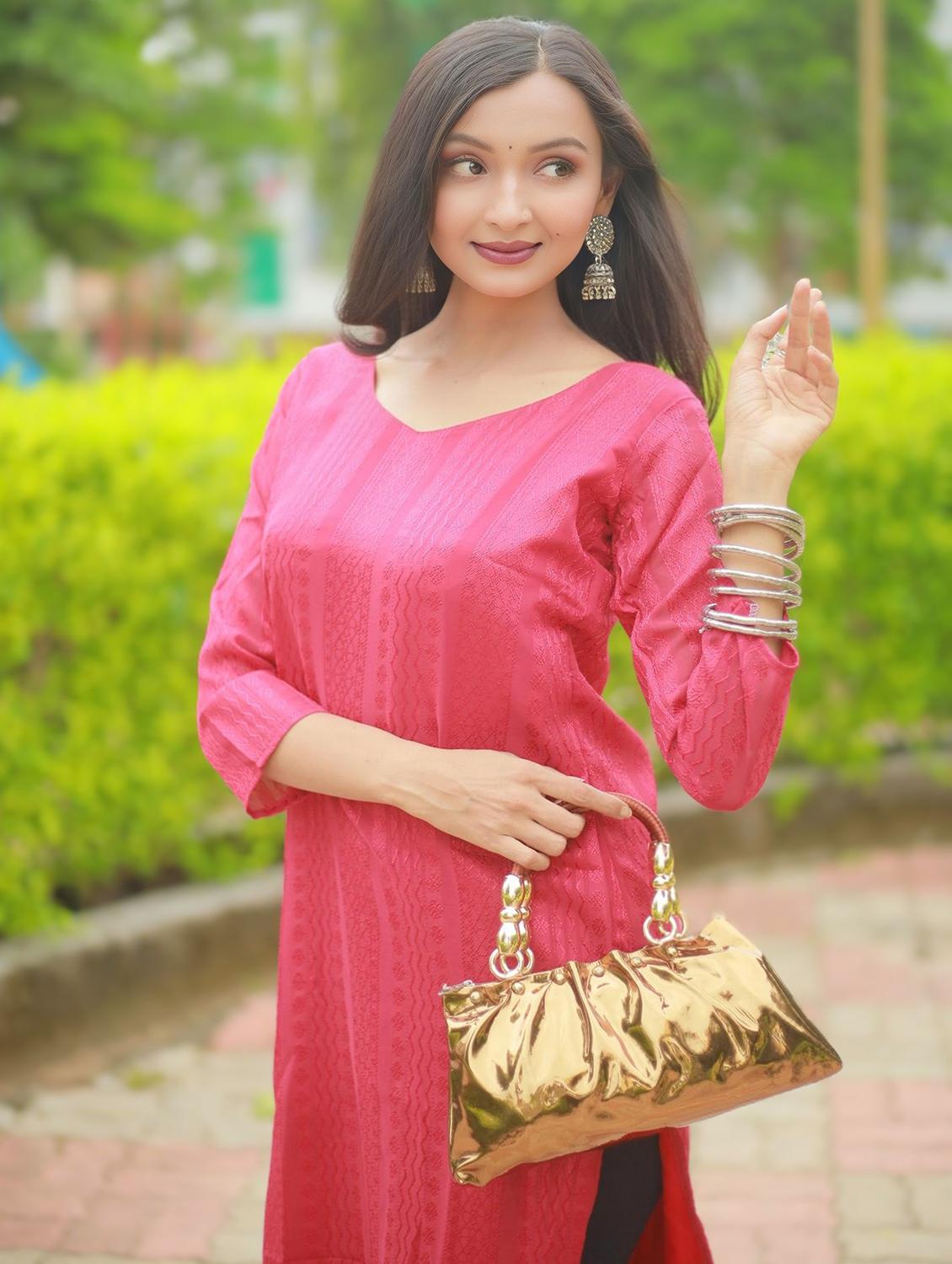 women self design three quarter sleeve straight kurta - 22003723 - Standard Image - 2