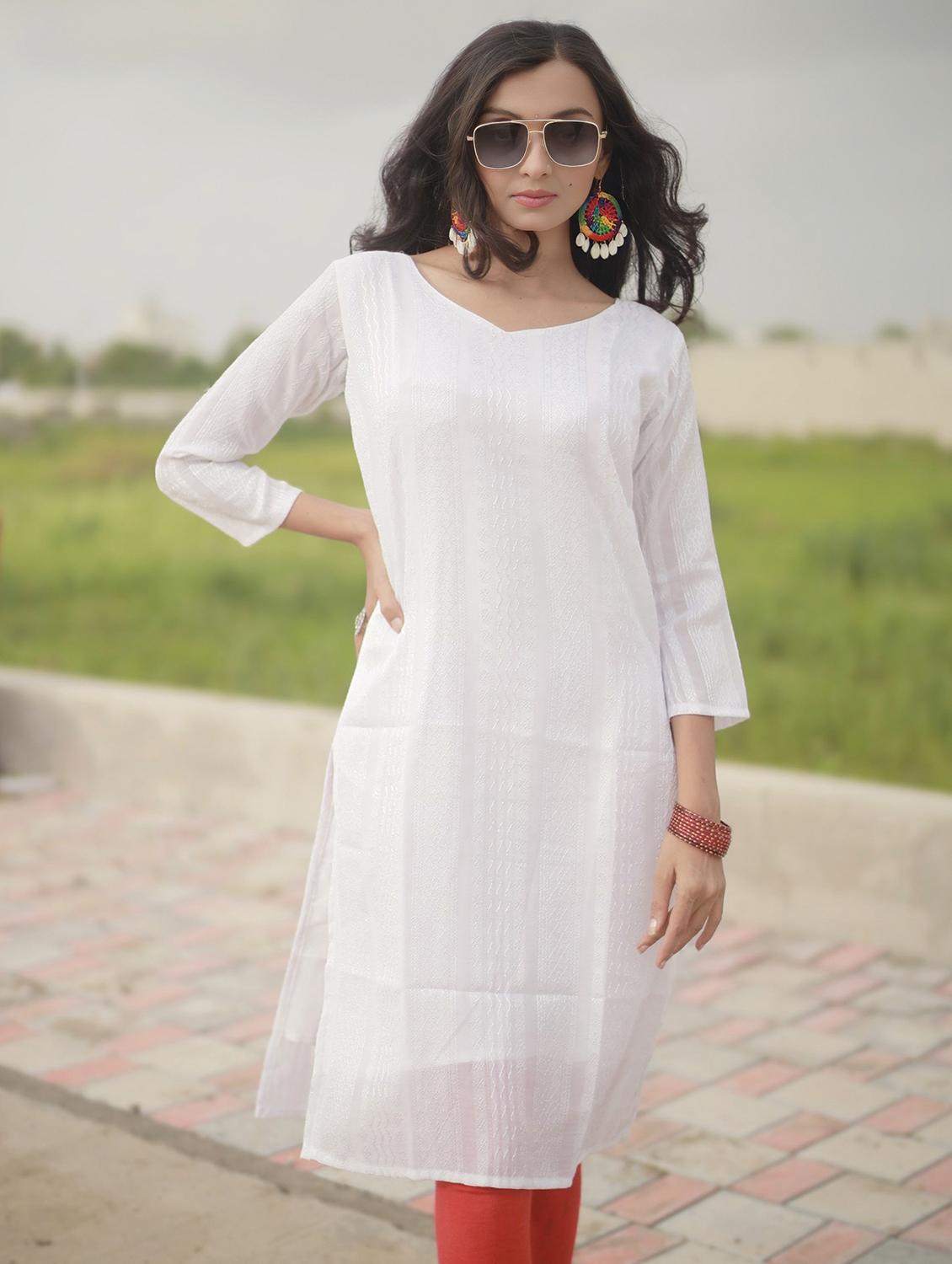 women self design three quarter sleeve straight kurta - 22003724 - Standard Image - 2