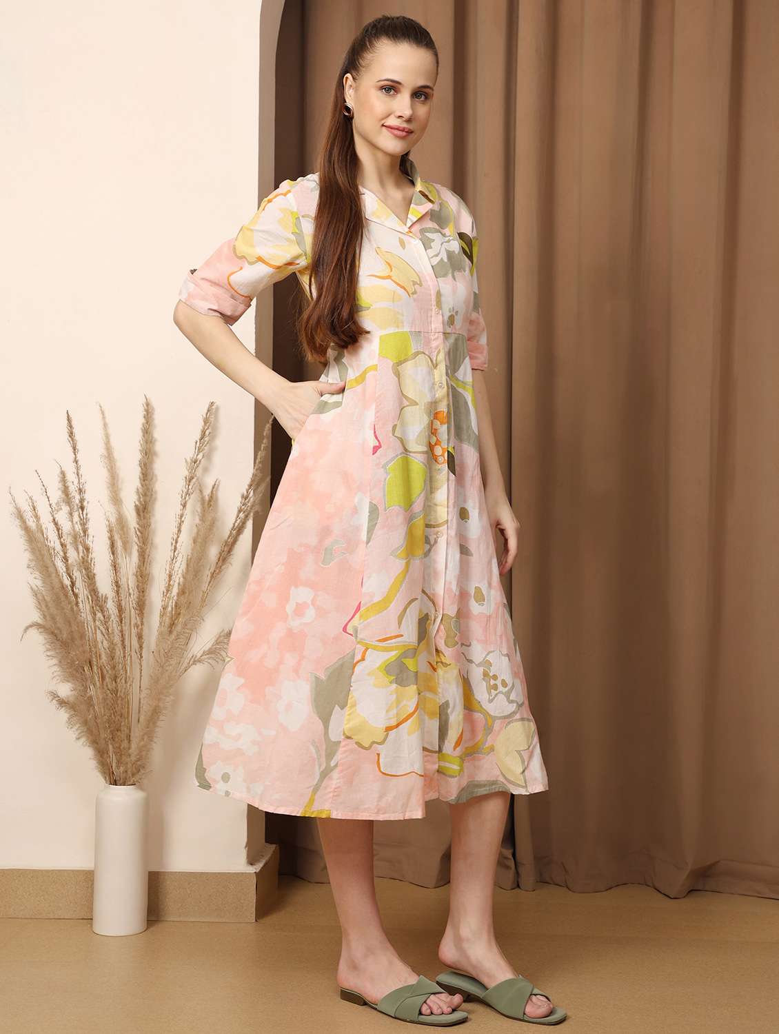 women printed lapel collar shorts sleeve shirt dress - 22003750 - Standard Image - 2