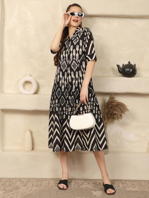women printed lapel collar a-line dress - 22003751 -  Standard Image - 0