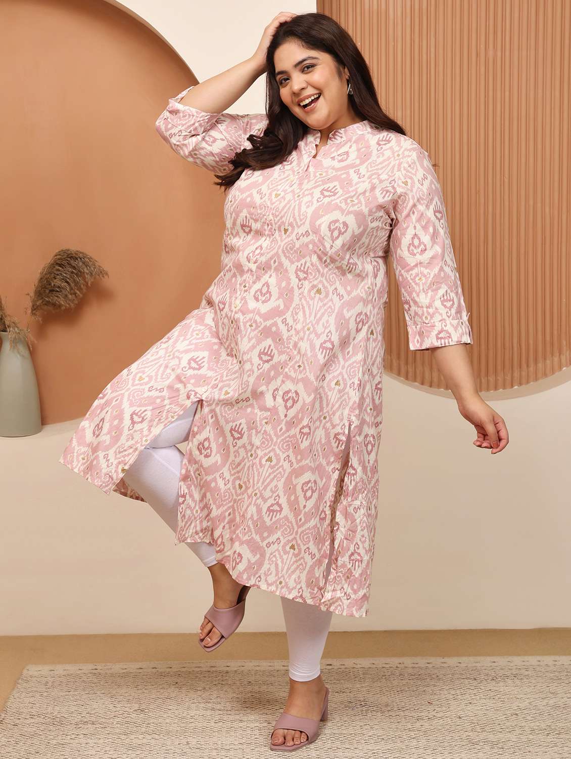 women plus size ikat printed three quarter sleeve a-line kurta - 22003768 - Standard Image - 2