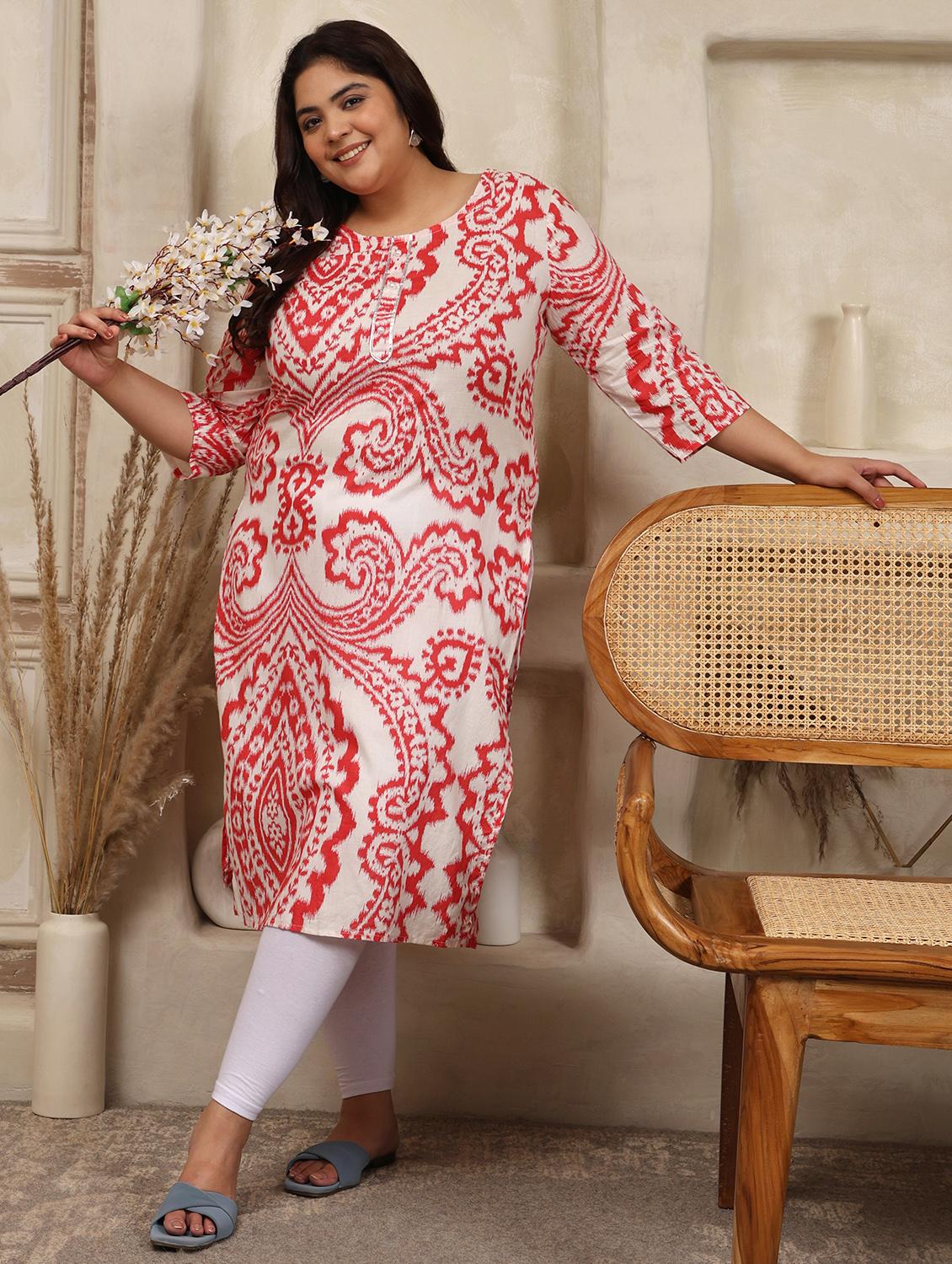 women plus size ikat printed three quarter sleeve straight kurta - 22003769 - Standard Image - 2