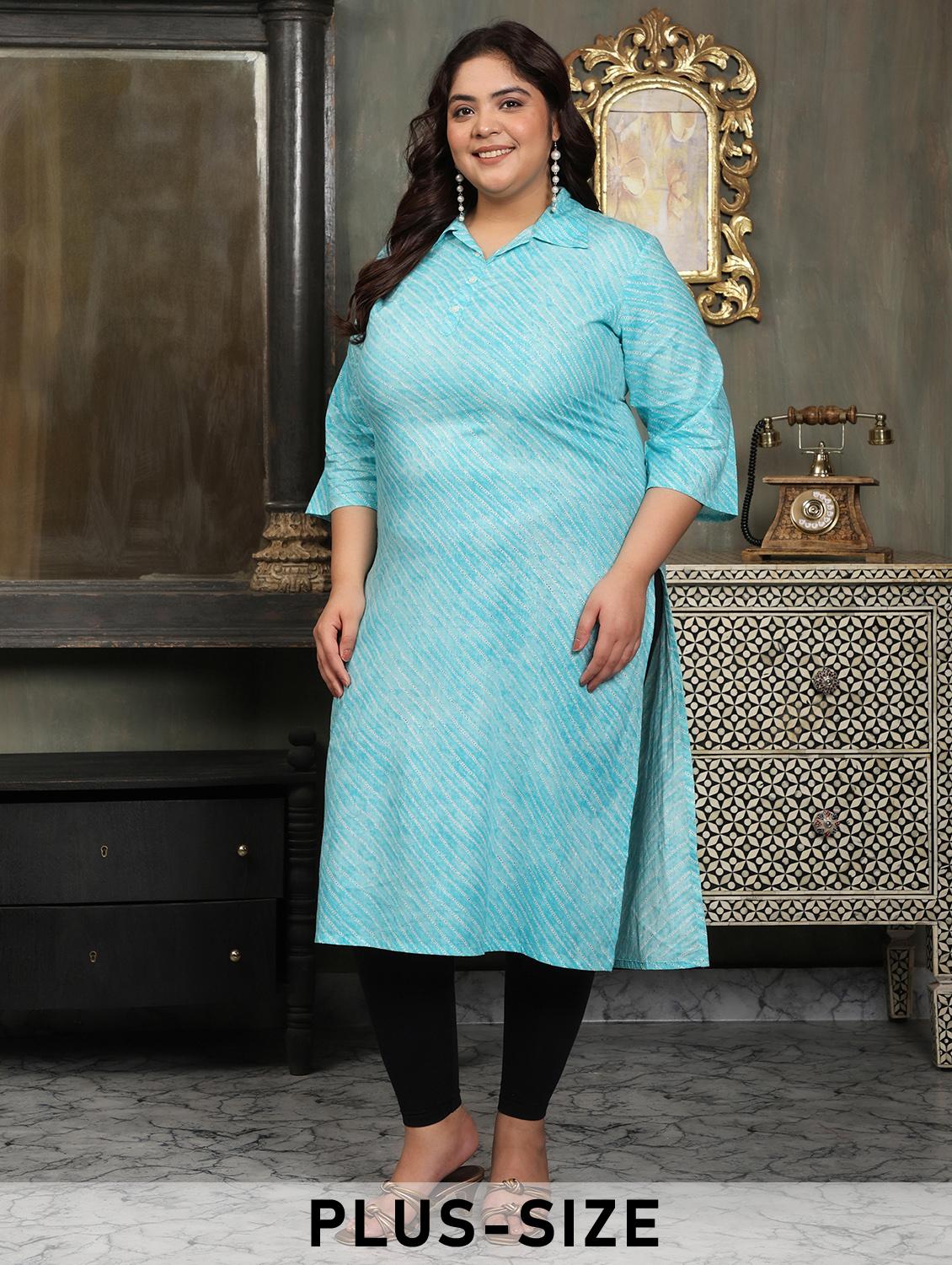 women plus size striped three quarter sleeve straight kurta - 22003775 - Zoom Image - 0