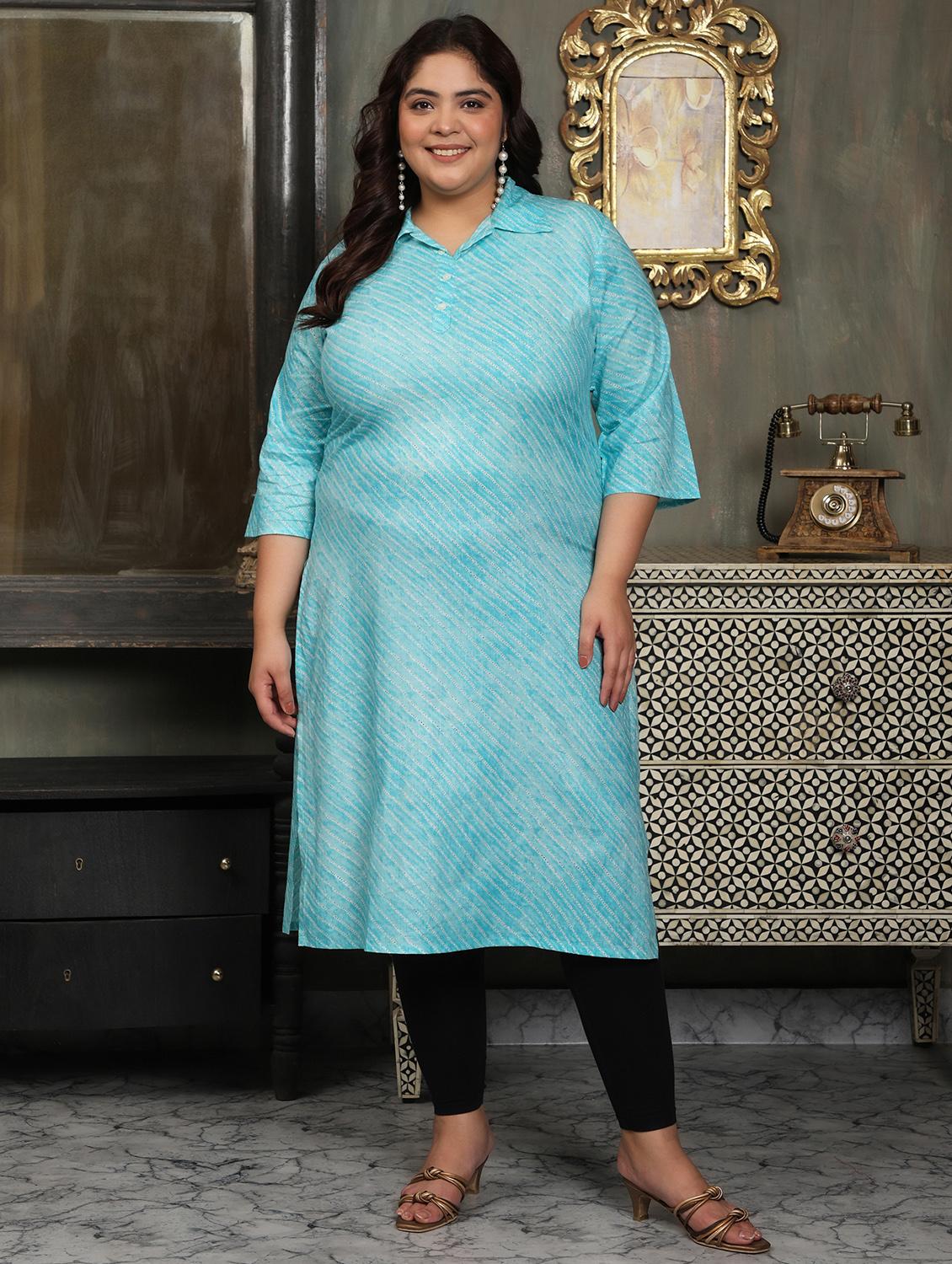 women plus size striped three quarter sleeve straight kurta - 22003775 - Standard Image - 2