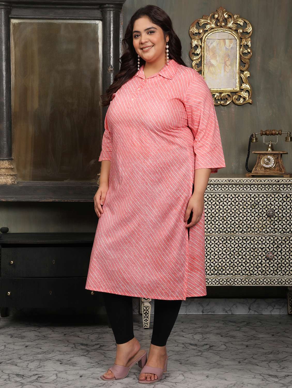 women plus size striped three quarter sleeve straight kurta - 22003776 - Standard Image - 2