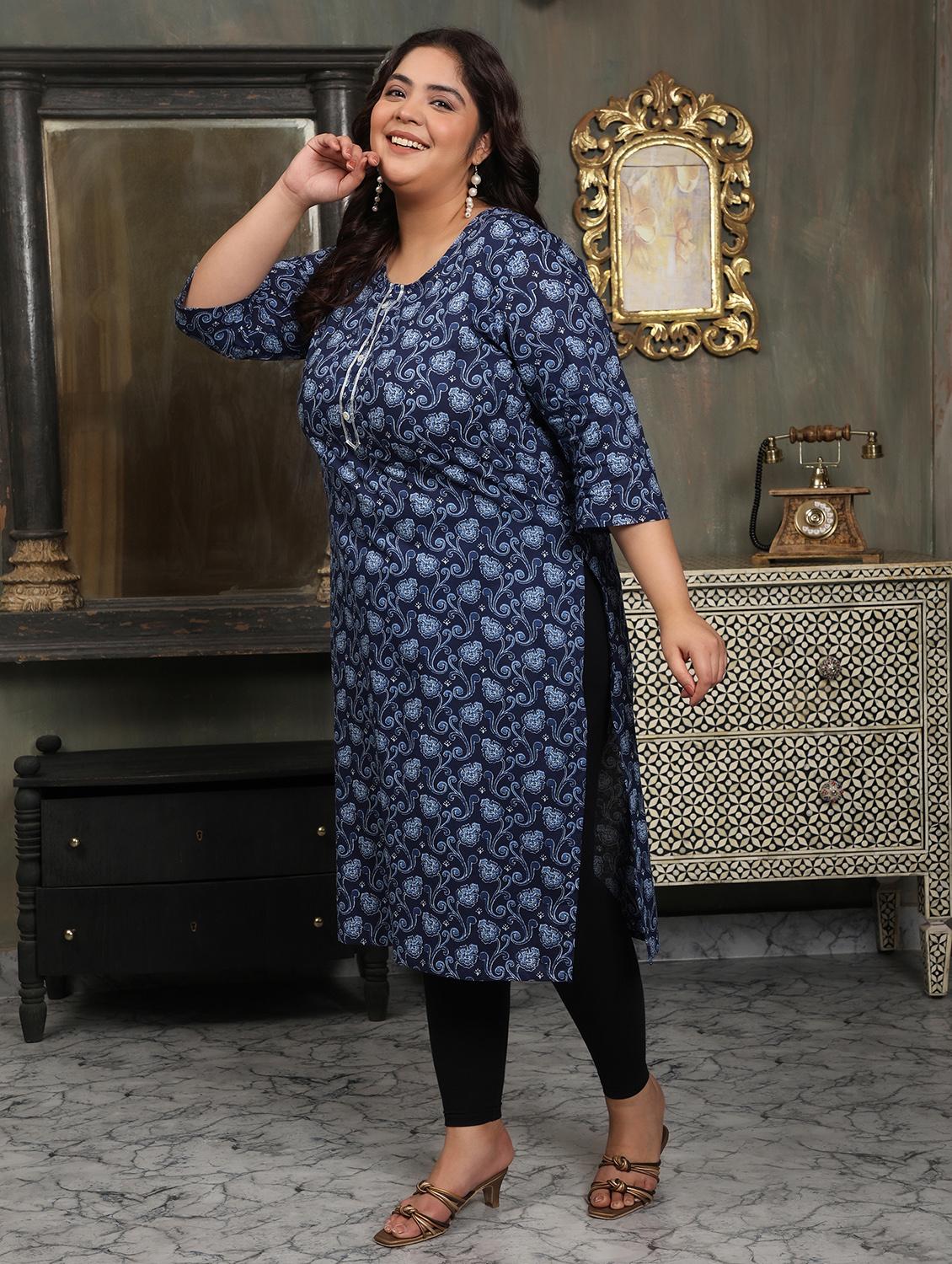 women plus size printed three quarter sleeve straight kurta - 22003783 - Standard Image - 2