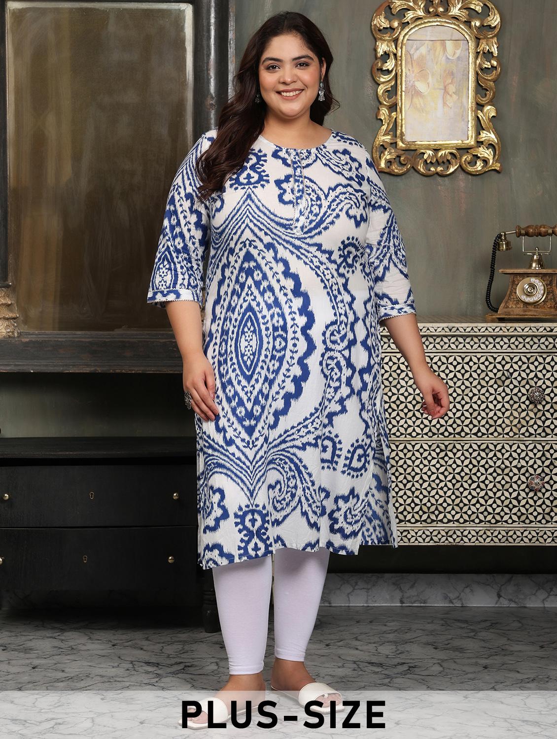 women plus size printed three quarter sleeve straight kurta - 22003784 -  Zoom Image - 0