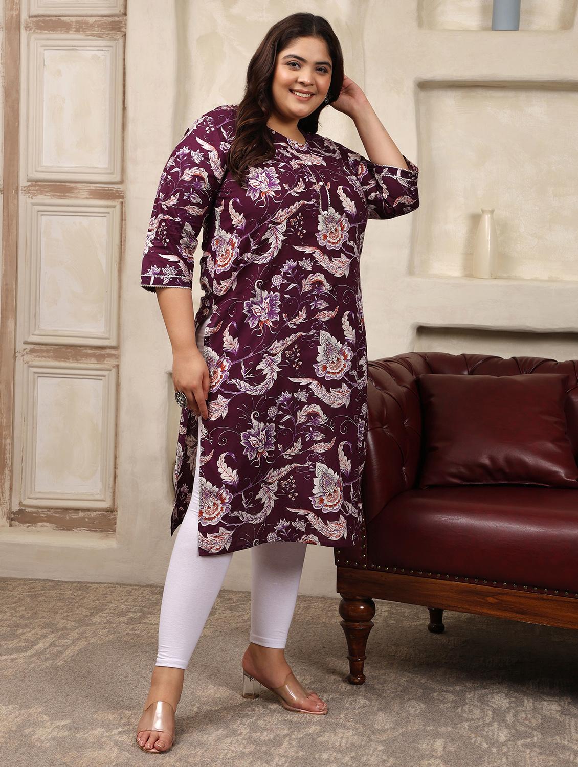 women plus size floral printed three quarter sleeve straight kurta - 22003789 - Standard Image - 2