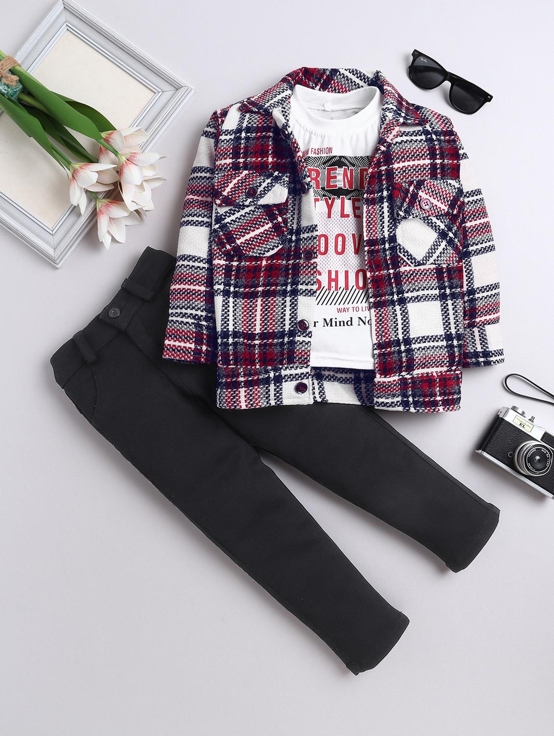 boys checkered shirt and trouser with t-shirt