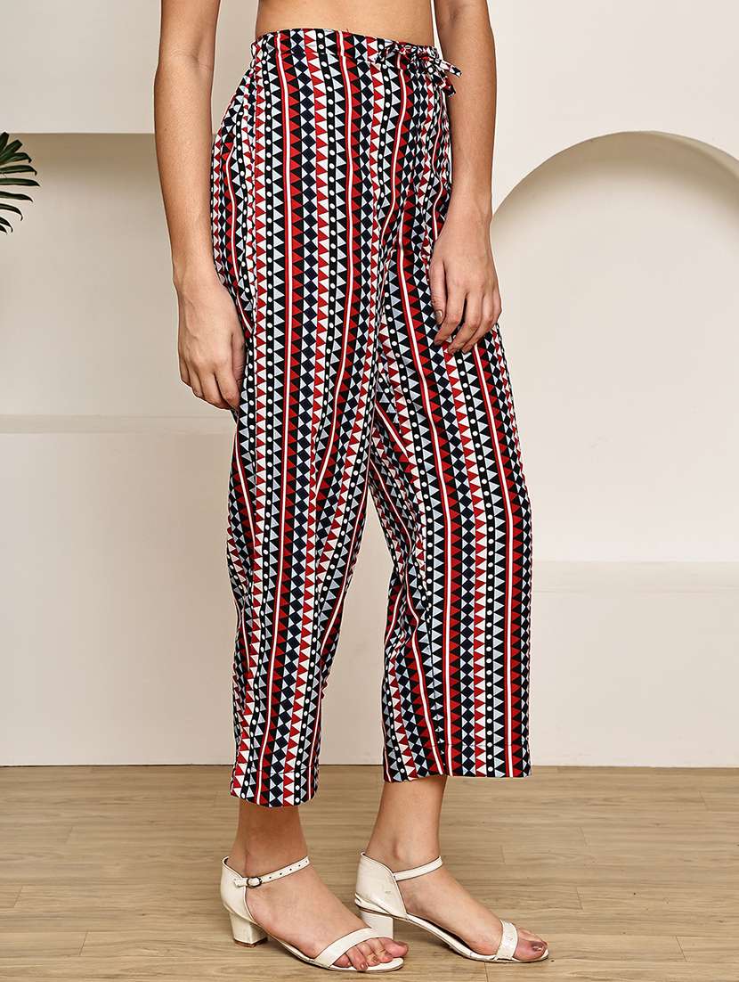 women geometric printed mid rise ankle length straight trouser - 22003954 - Standard Image - 2