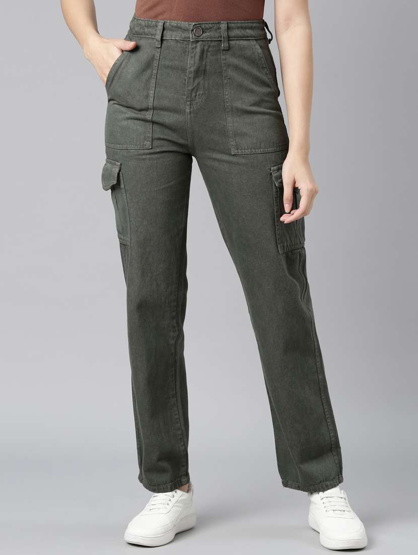 women solid high rise denim cargo