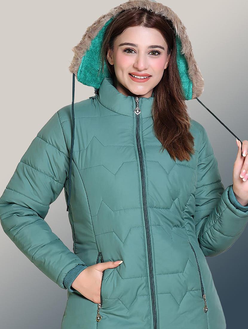 women solid long sleeve hooded quilted jacket