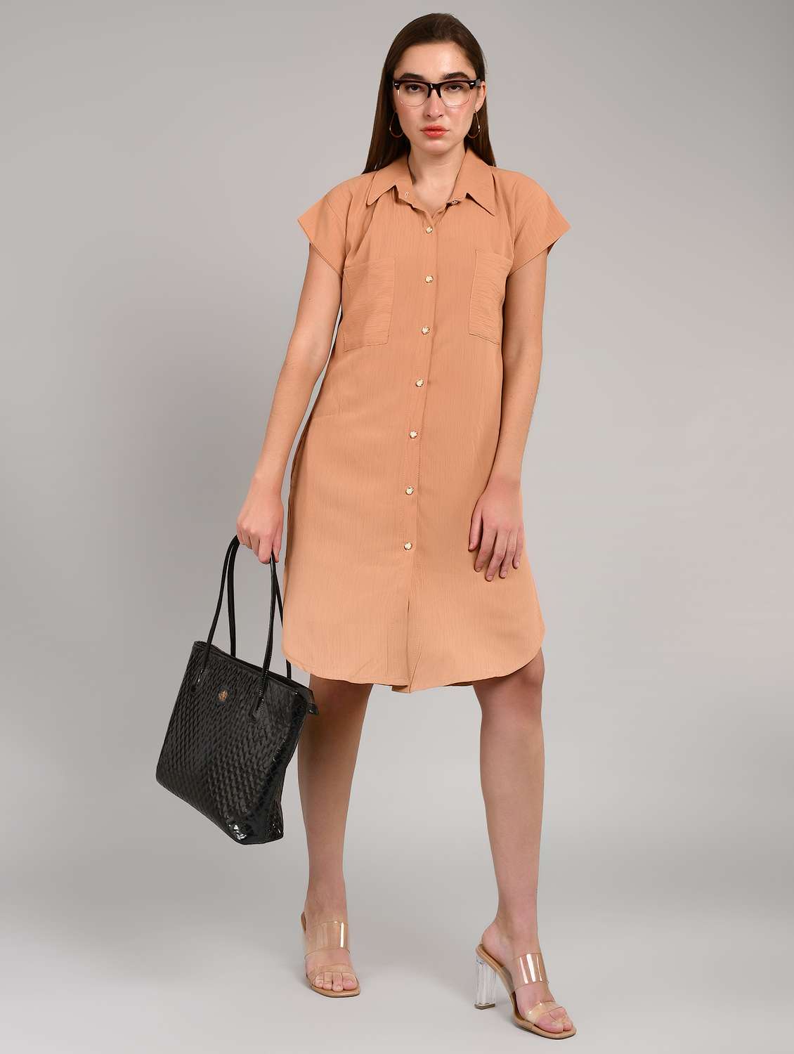peach cotton blend shirt dress