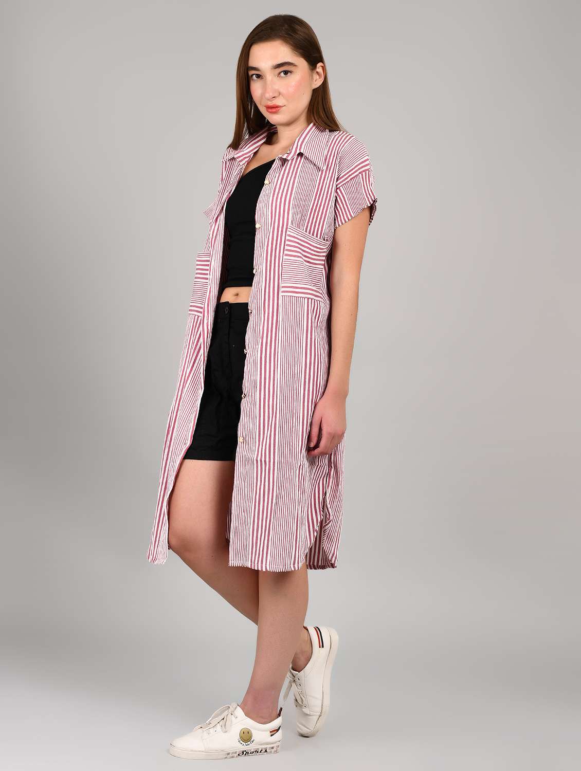 women striped short sleeve relaxed fit shirt dress - 22004435 - Standard Image - 2