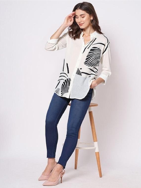 women white printed mandarin collar high low shirt - 22004453 - Standard Image - 2