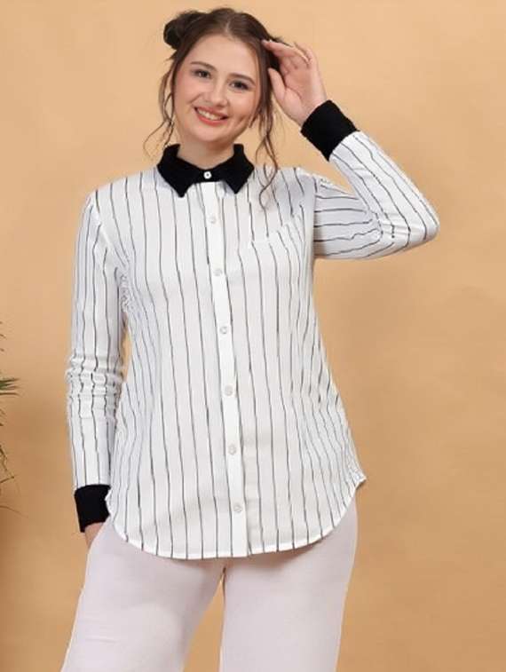women striped collared long sleeve shirt