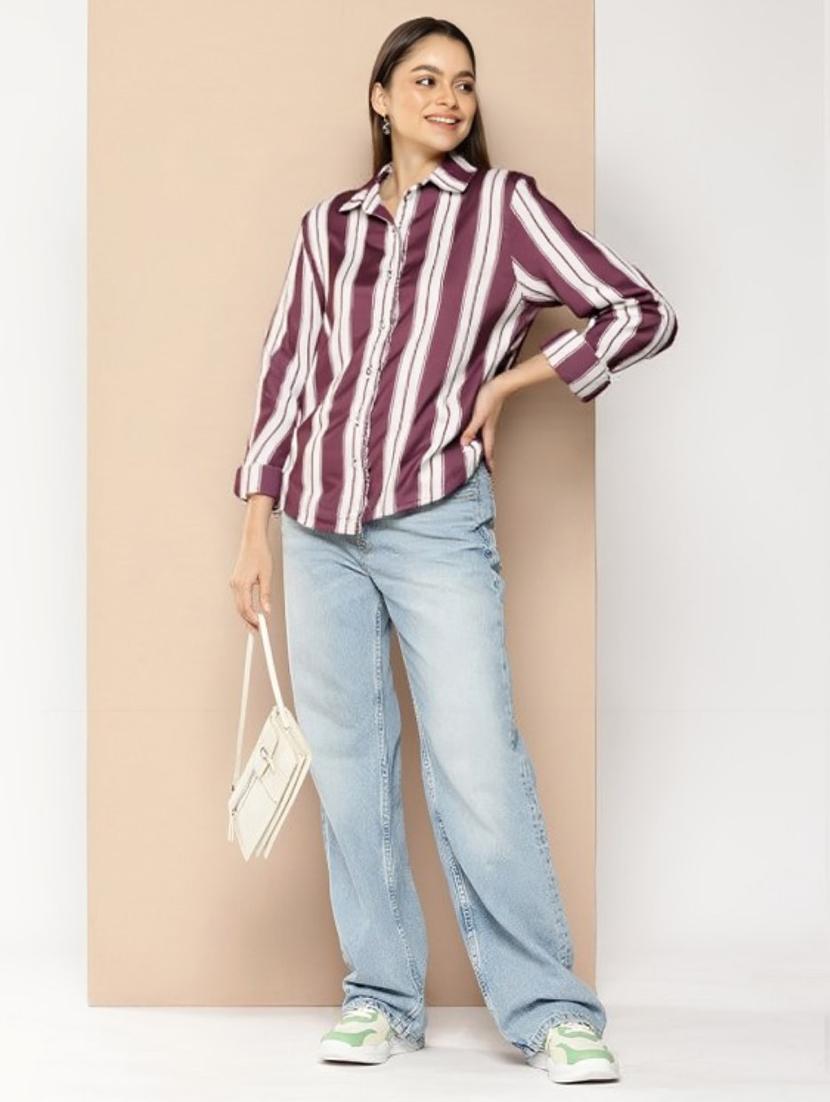 women striped long sleeve collared shirt - 22004485 - Standard Image - 2