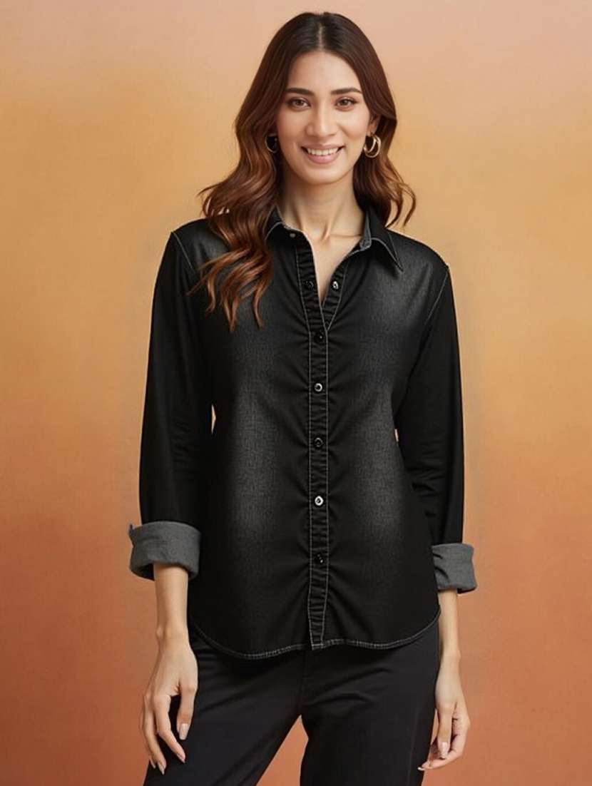 women solid long sleeve regular fit denim shirt