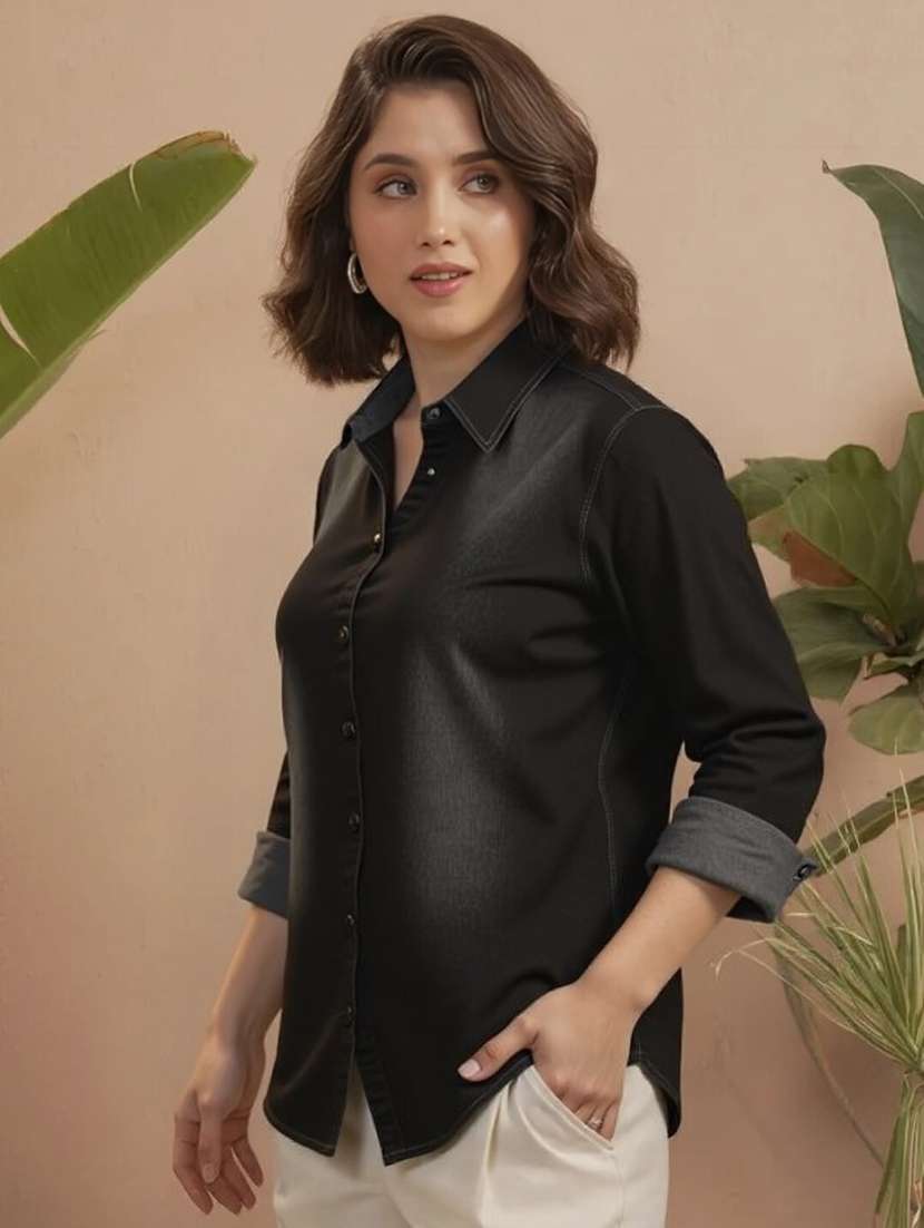 women solid long sleeve regular fit denim shirt