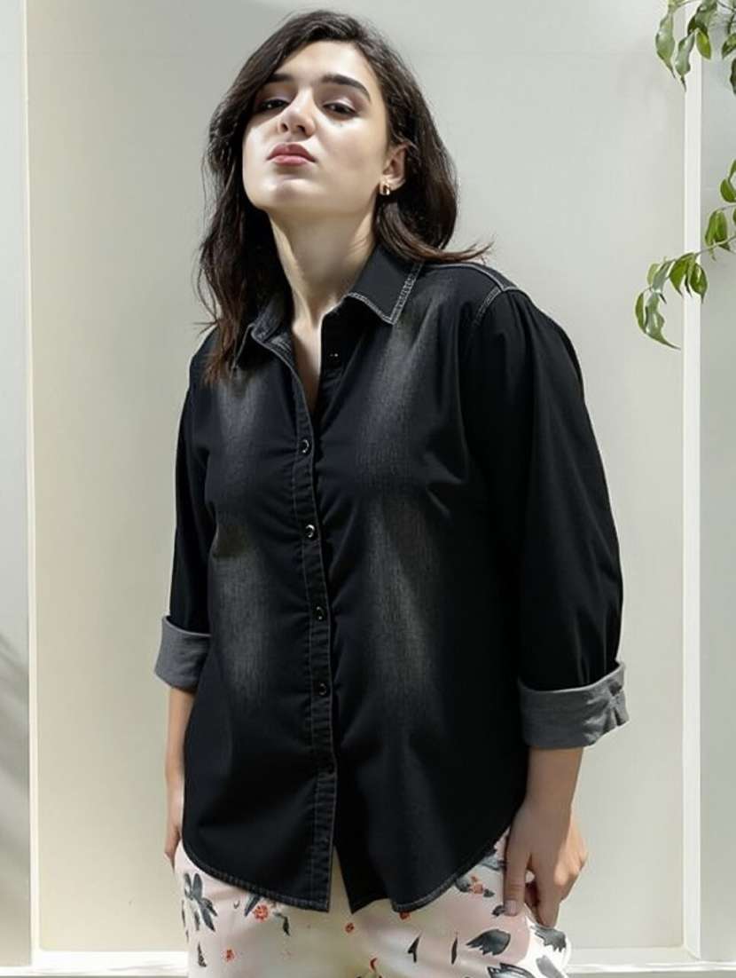 women solid long sleeve regular fit denim shirt