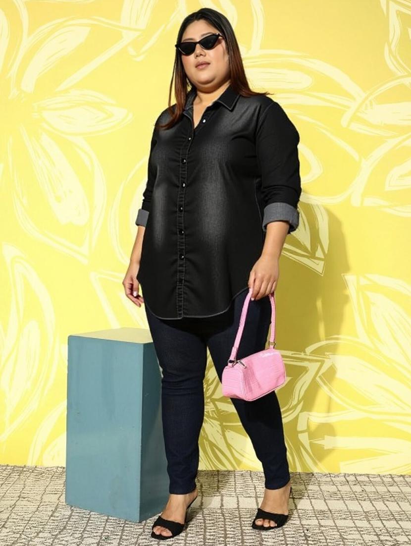 women plus size washed long sleeve denim shirt - 22004551 - Standard Image - 2