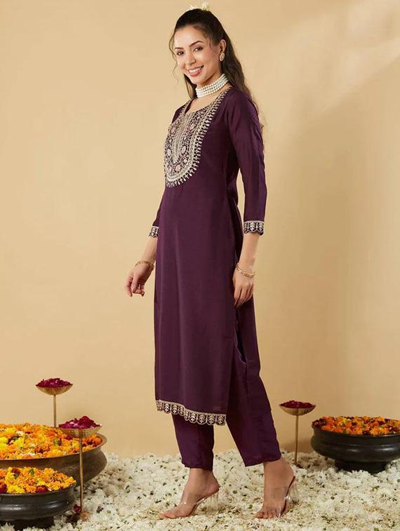 women embroidered three quarter sleeve kurta pant with dupatta set - 22004593 - Standard Image - 2