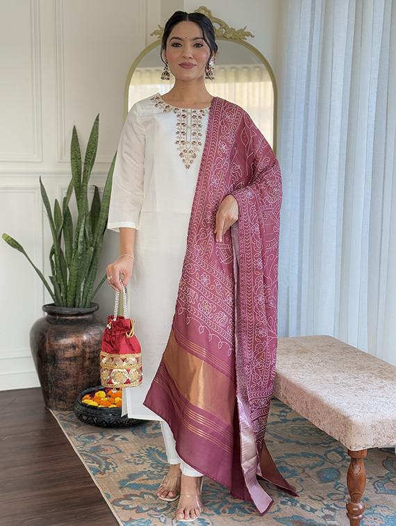 women embroidered three quarter sleeve kurta pant with dupatta set - 22004643 - Standard Image - 2