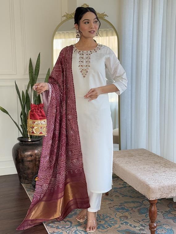 women embroidered three quarter sleeve kurta pant with dupatta set - 22004644 - Standard Image - 2