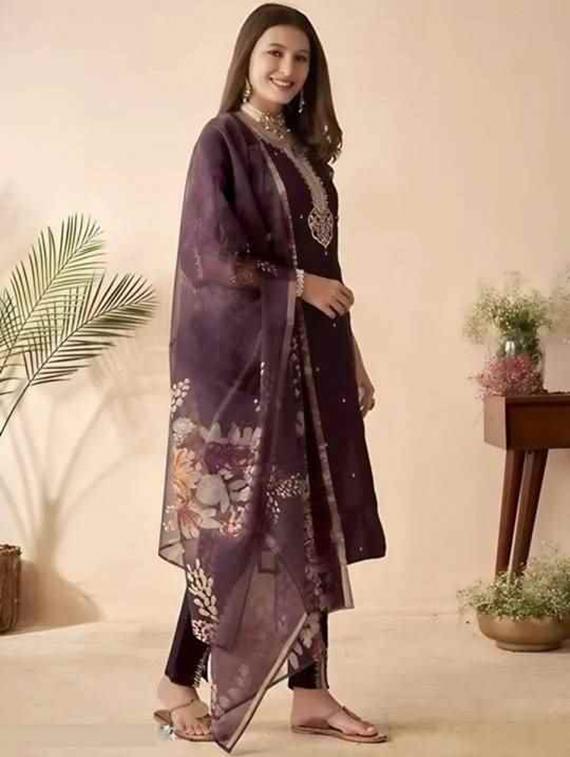 women embroidered three quarter sleeve kurta pant with dupatta set - 22004655 - Standard Image - 2