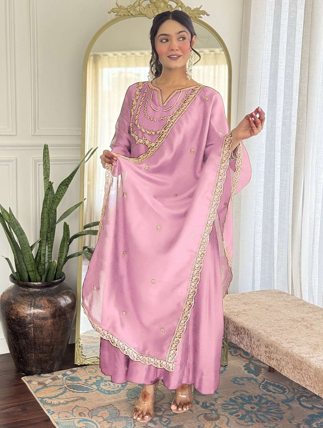 women embroidered long sleeve anarkali kurta pant with dupatta set