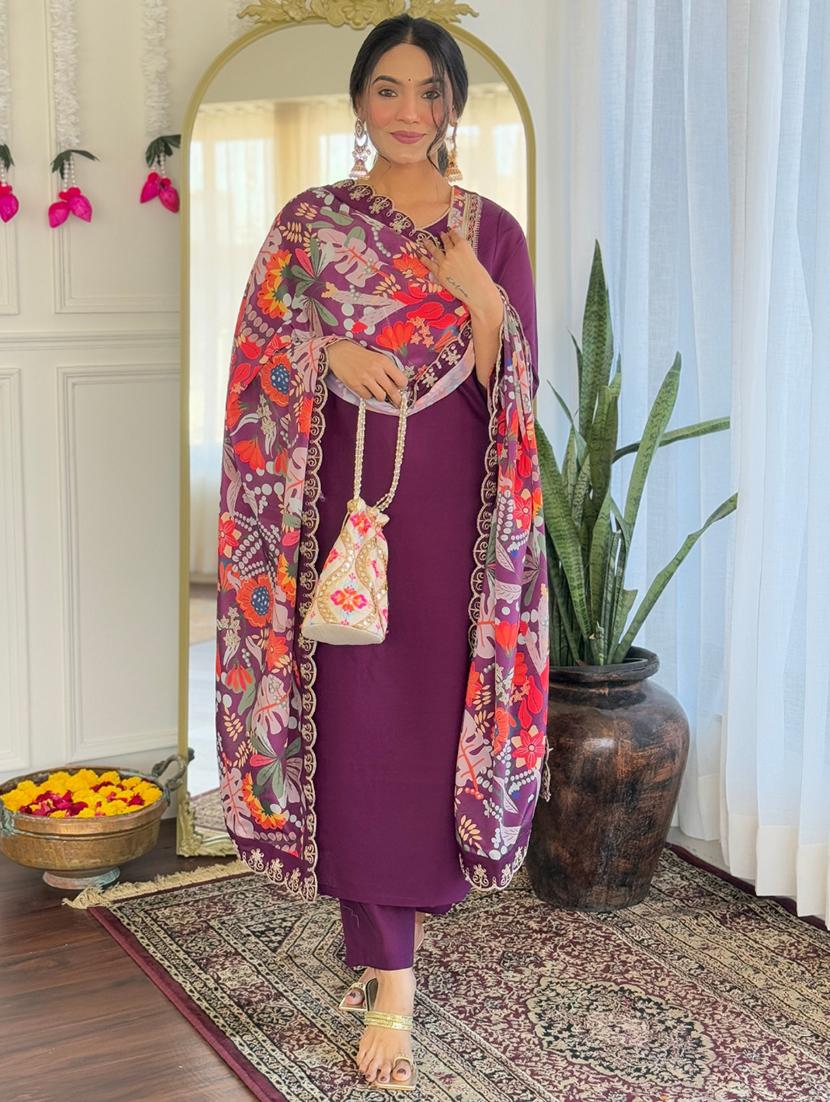 women embroidered three quarter sleeve kurta pant with dupatta set - 22004689 - Standard Image - 2