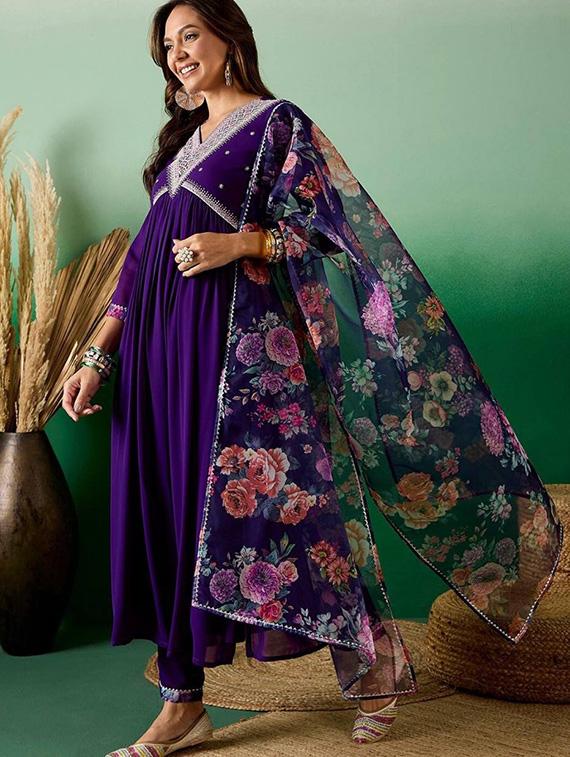 women embroidered three quarter sleeve kurta pant with dupatta set - 22004699 - Standard Image - 2