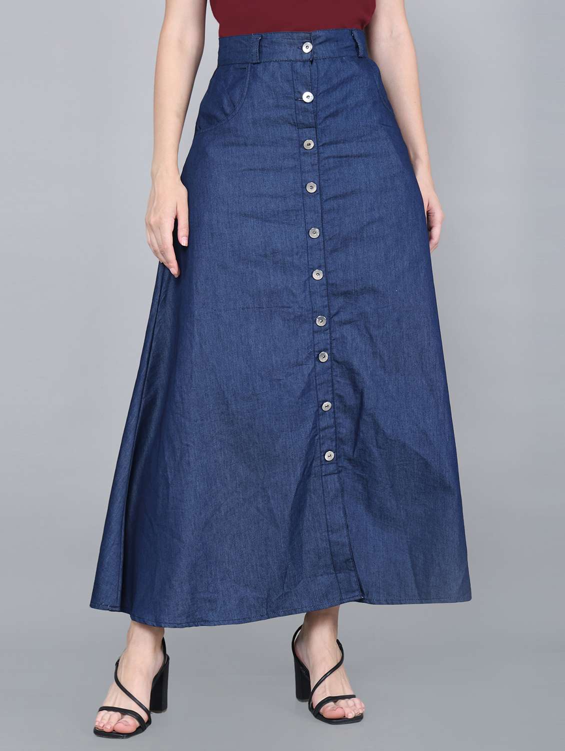 women solid high rise denim a-line skirt