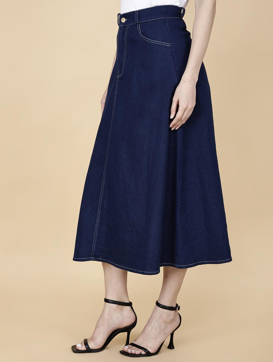 women solid mid rise denim a-line skirt - 22004907 - Standard Image - 2