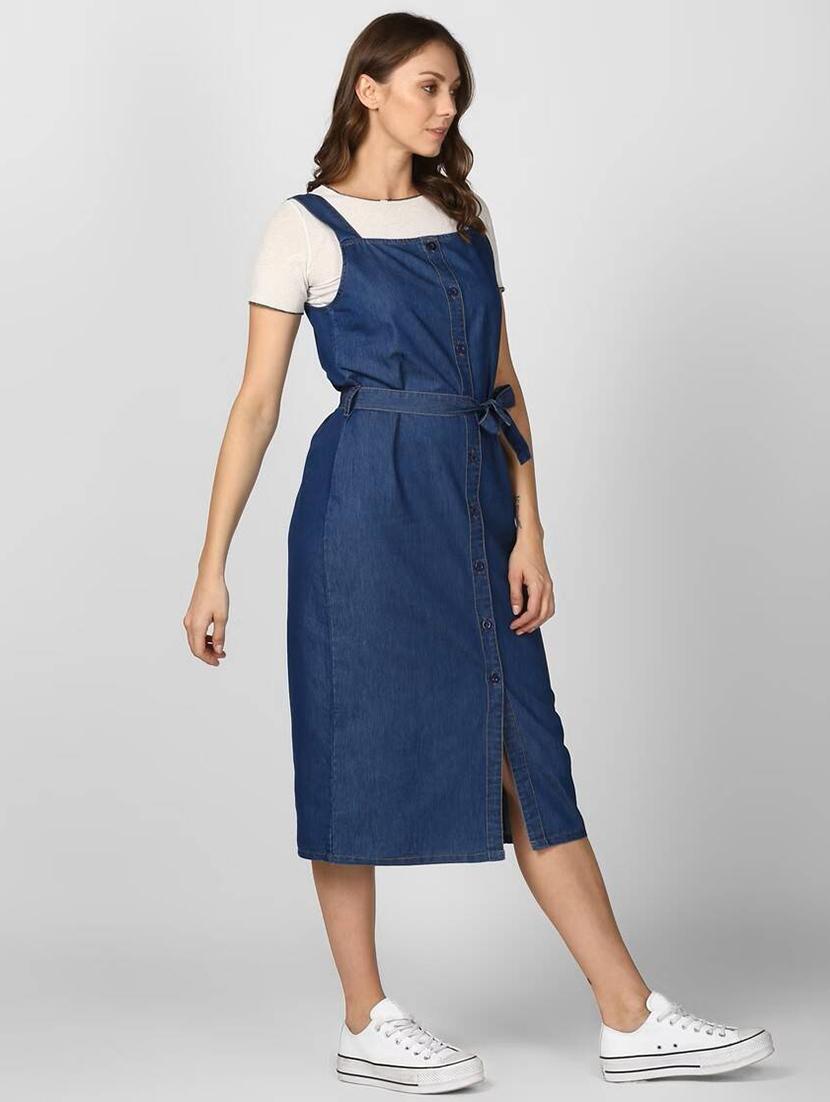 women blue solid shoulder strap dungaree dress - 22004908 - Standard Image - 2