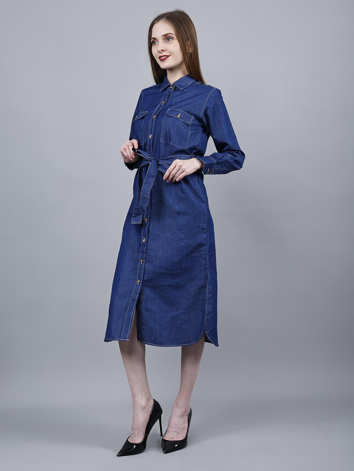 women solid collared long sleeve denim shirt dress - 22004909 - Standard Image - 2